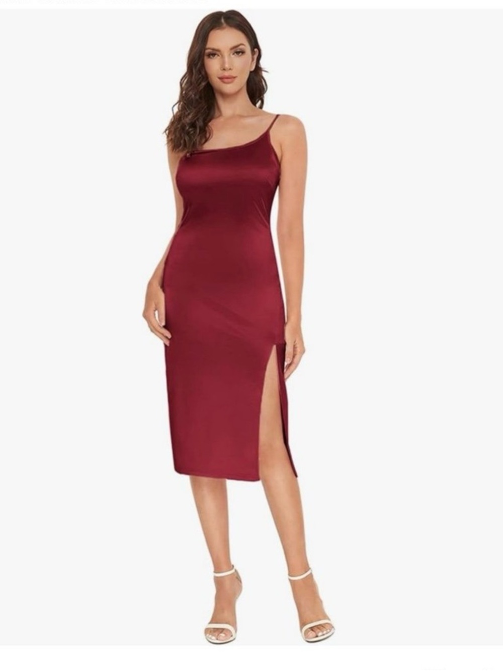 One Shoulder Red Satin Midi Dress, Featuring a Side Leg Slit, Women’s Size Large